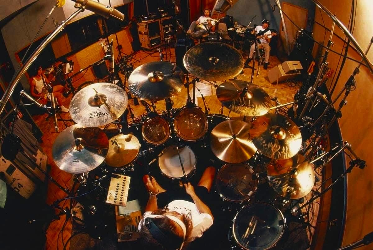 Overhead view of Metallica recording basic tracks at The Plant Studio A, Sausalito, in November 1995 during the Load sessions