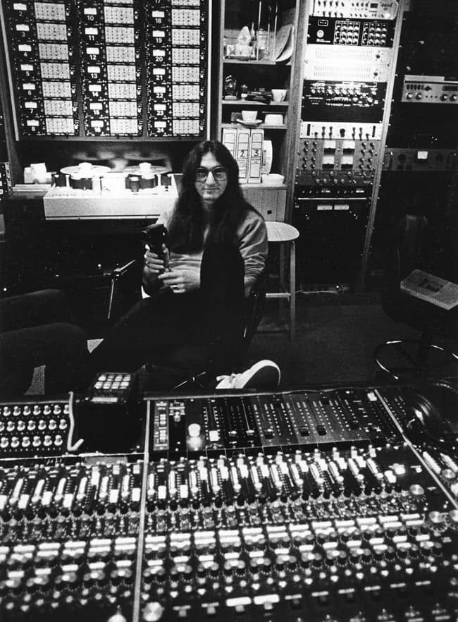 Geddy Lee pictured in front of the famed Trident A-Range at Le Studio in Morin-Heights, Quebec.