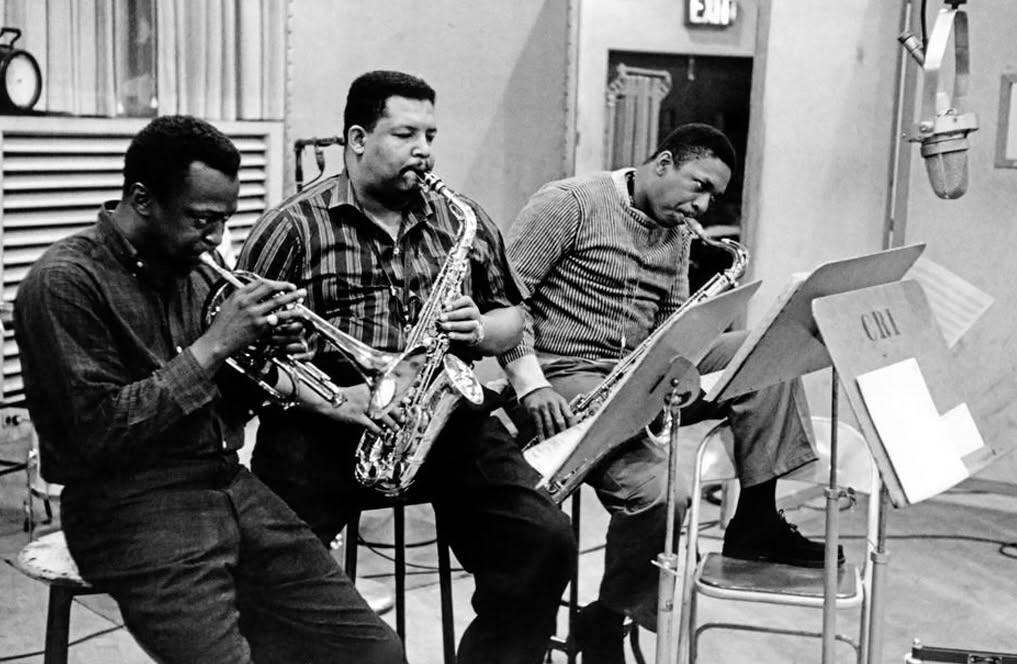 Miles Davis, Cannonball Adderley and John Coltrane during a session for the "Milestones" album at Columbia's 30th Street Studios in New York on February 4, 1958.