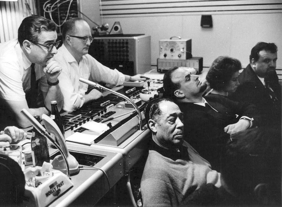 Duke Ellington while recording with the Stockholm Symphony Orchestra for his 'The Symphonic Ellington' album on the Reprise label. The recordings took place on February 8, 1963, in Solna-Sundbyberg, Sweden.